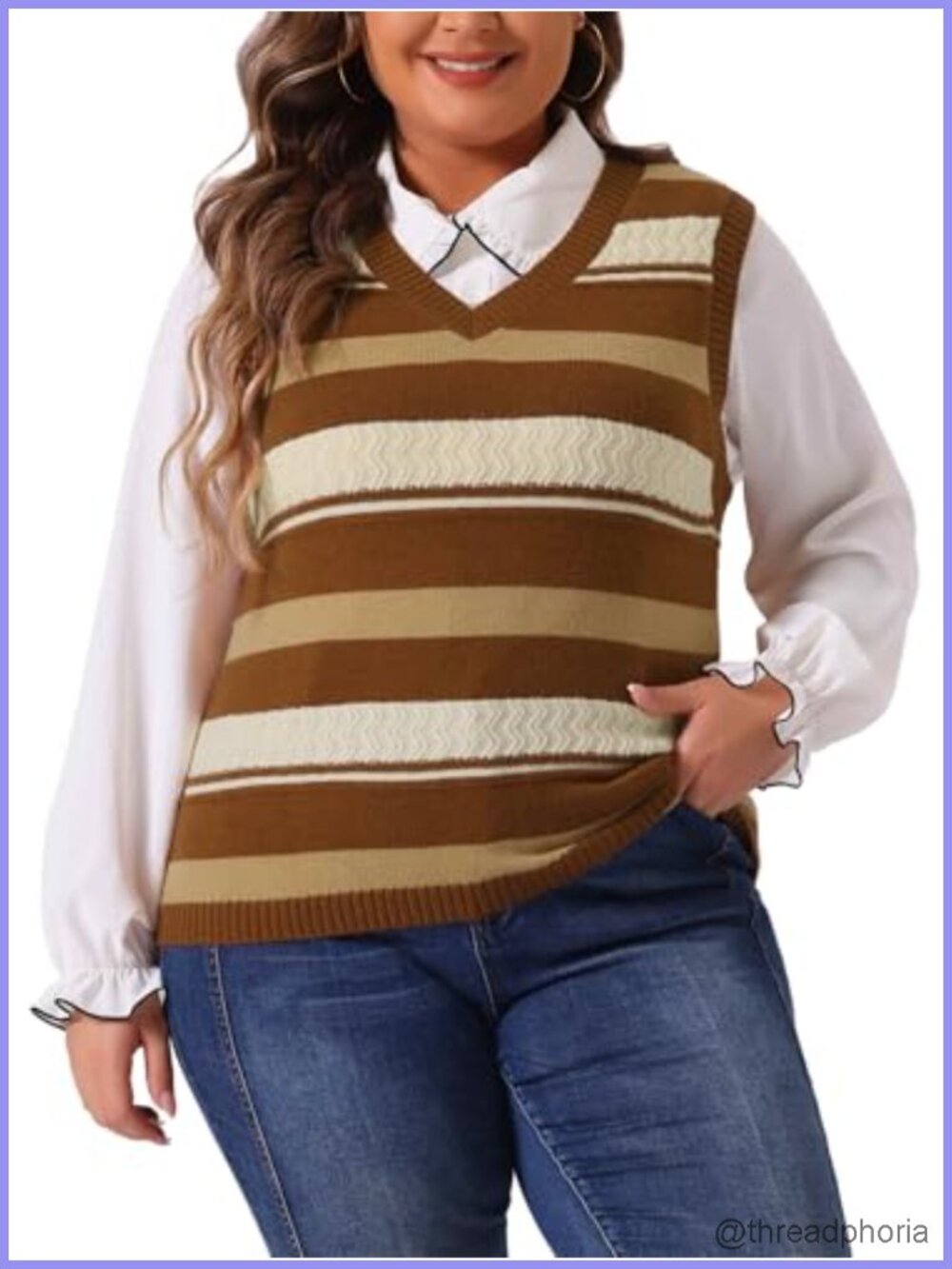Plus Size Sleeveless V Neck Striped Knit Sweater Vest Pullover